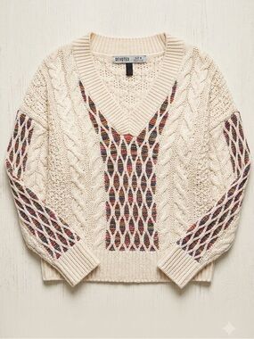 Devoted Cream Cable Knit Sweater V-Neck Multicolour Lattice Accent Women’s M